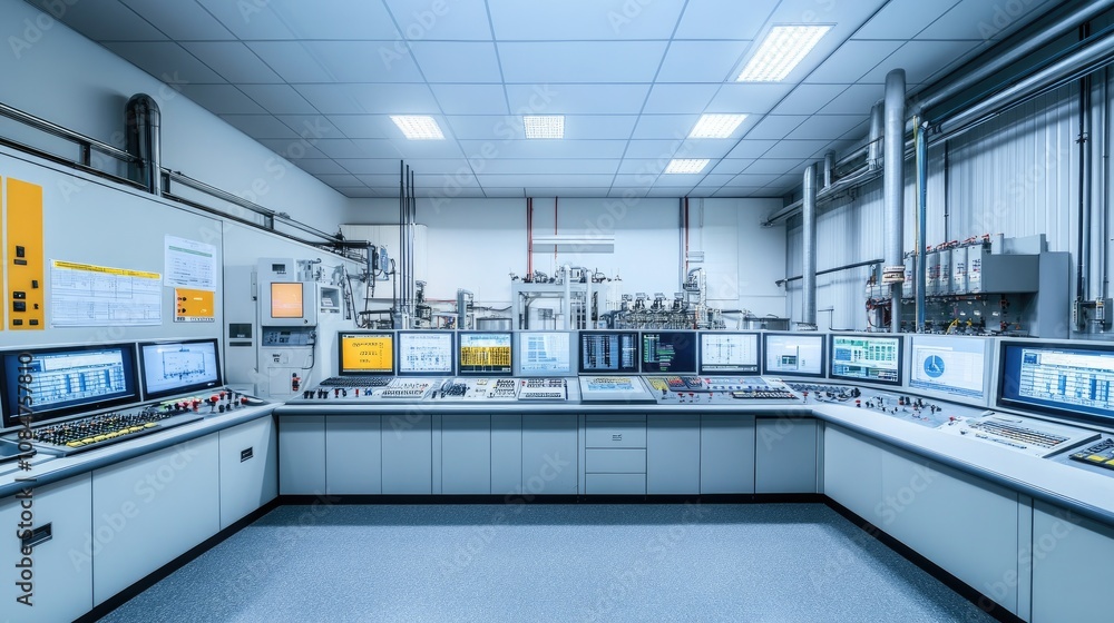 Poster modern industrial control room with advanced technology and monitors displaying data in a clean, org