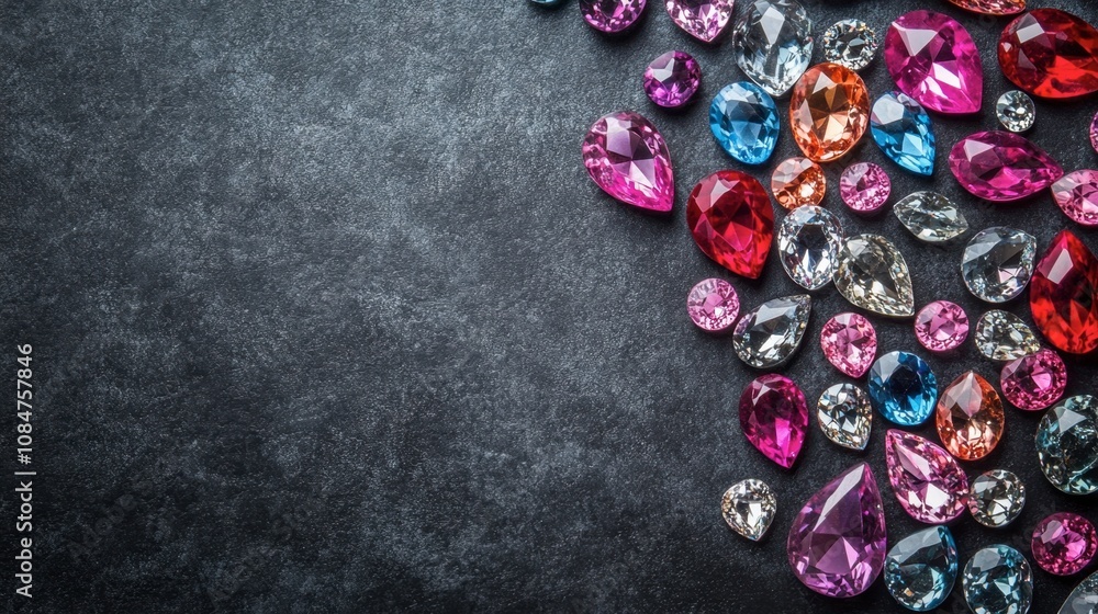 Poster stunning assortment of colorful gemstones and crystals spread elegantly on a dark textured backgroun