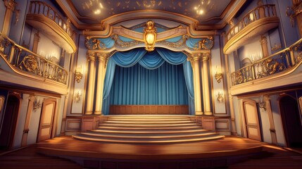 Fototapeta premium Elegant and Grand Theatrical Stage Interior with Decorative Elements and Rich Blue Drapes in a Luxurious Setting, Perfect for Arts and Entertainment Themes