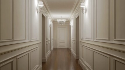 Fototapeta premium Elegant hallway interior design featuring classic molding, soft lighting, and polished wooden floors, conveying a sense of luxury and tranquility in a modern setting