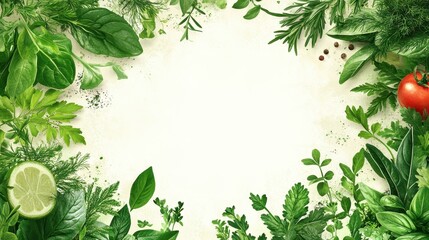 Naklejka premium The illustrated cover is composed of a blank white background surrounded by fresh herbs and food ingredients. The image was generated using AI.