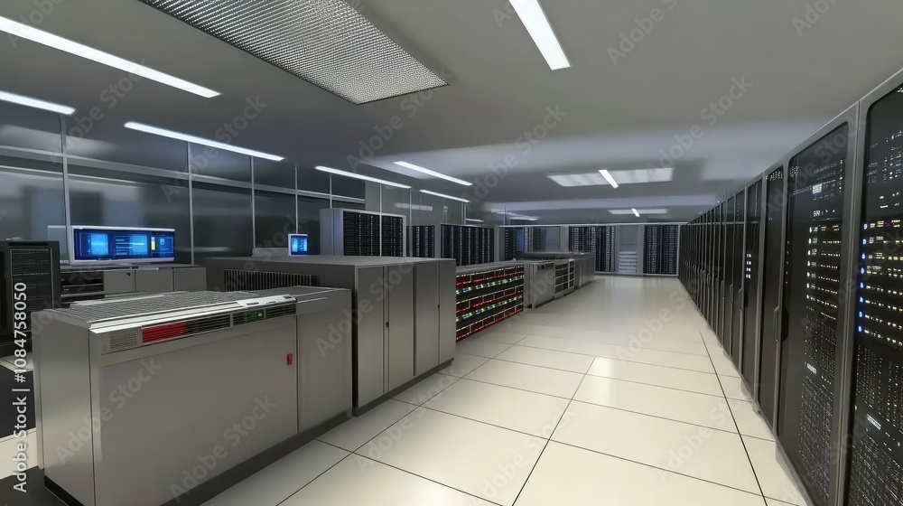 Poster modern data center with rows of server racks and high-tech equipment featuring advanced cooling and 