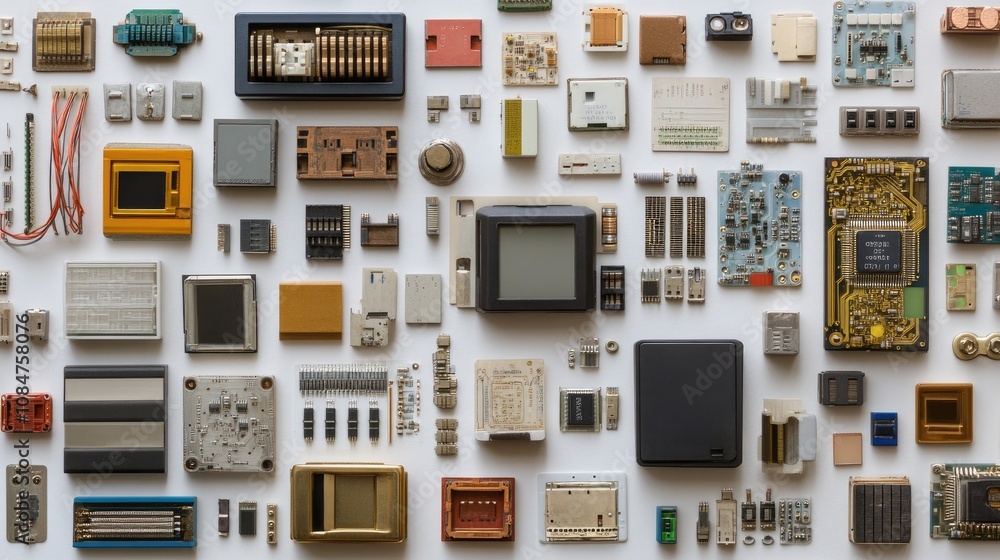 Poster vintage technology components and circuit boards collectively arranged on white background showcasin
