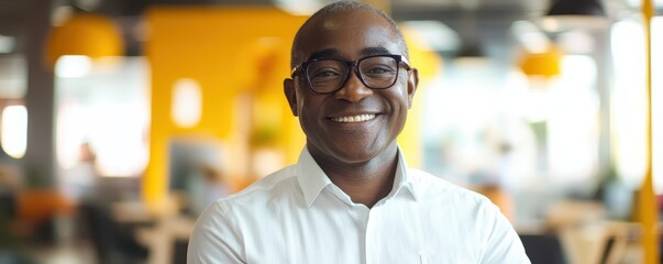 Obraz premium Confident african descendant businessman smiling in office environment