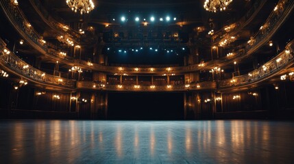 Grand Interior of an Elegant Theatre with Dramatic Lighting and Luxurious Chandeliers, Empty Stage Preparing for a Spectacular Performance