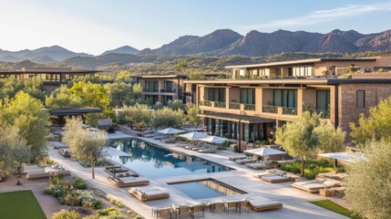 Fototapeta premium Luxurious Resort Poolside with Lounge Area Surrounded by Greenery and Majestic Mountains in Background, Perfect for a Relaxing Getaway and Leisure Activities
