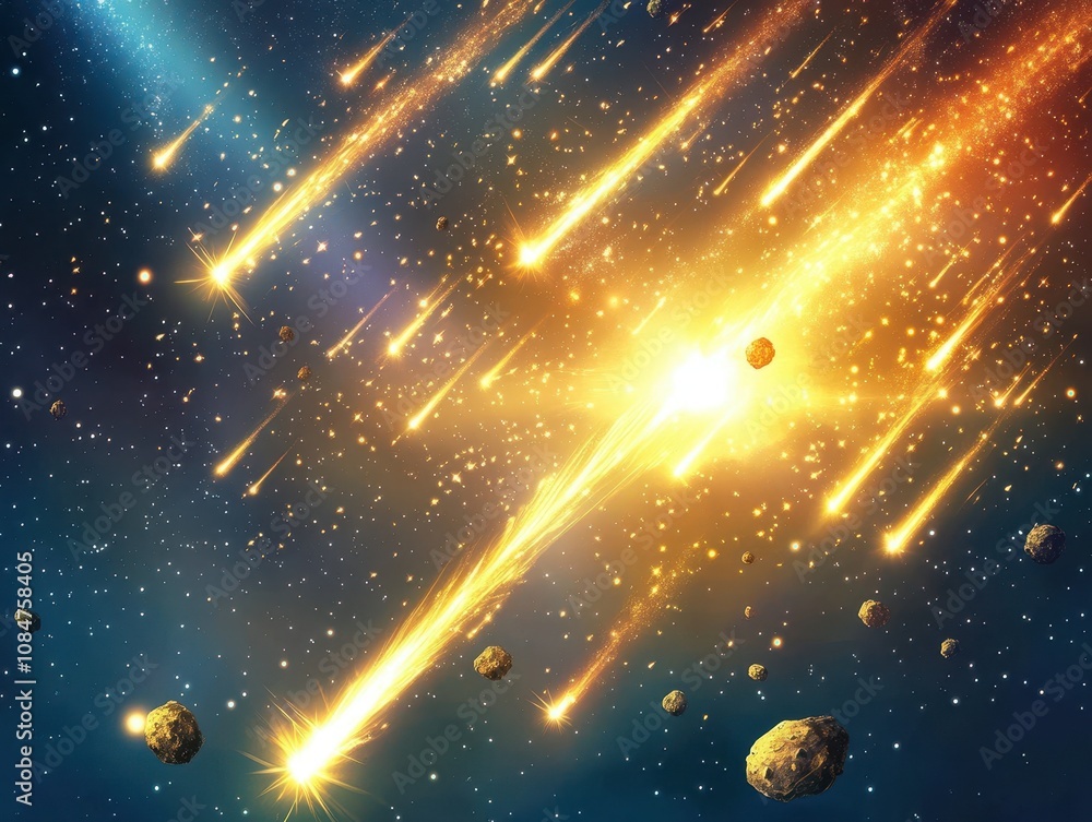 Poster asteroids and cosmic particles floating in space with bright stars and glowing debris during a vibra