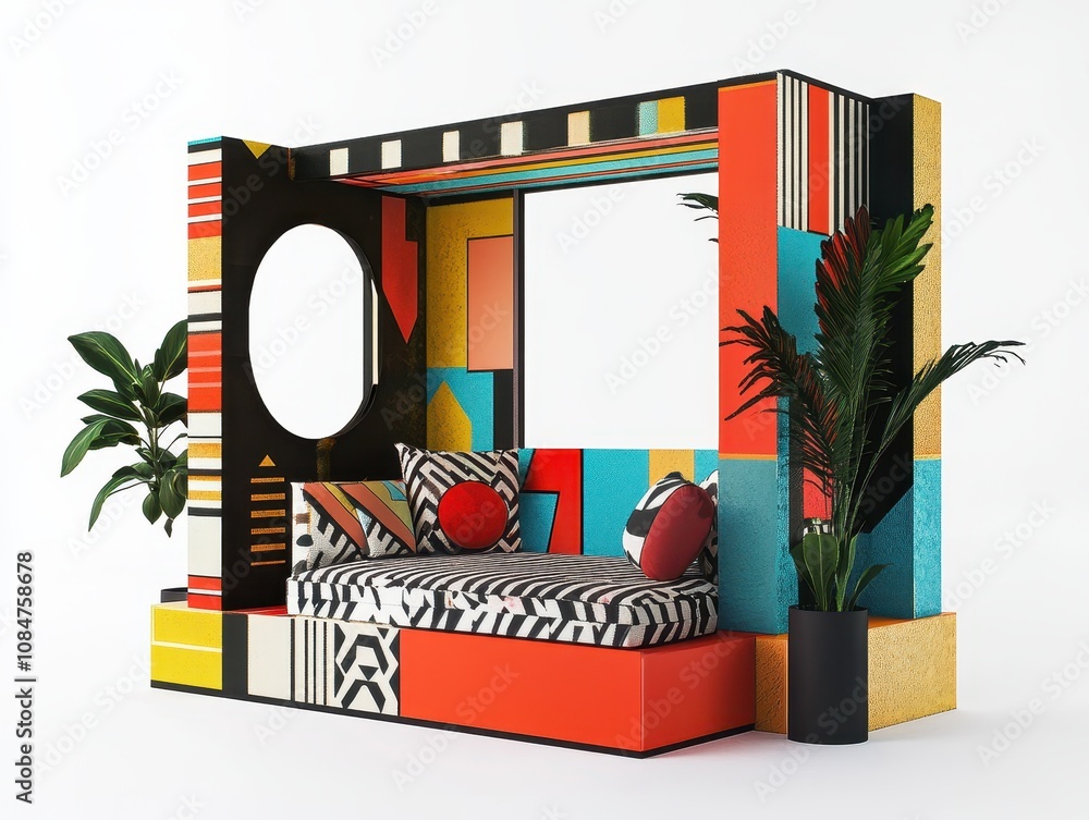 Poster a contemporary popup design featuring a stylish structure adorned with vivid colors and geometric pa