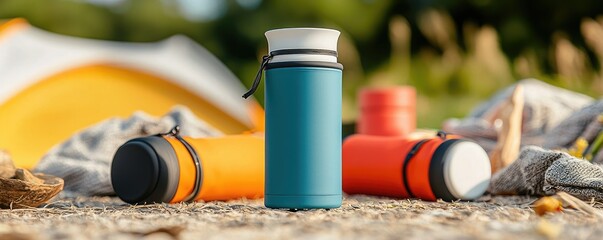 A stylish and functional water bottle stands amidst camping gear, emphasizing outdoor adventure and hydration.