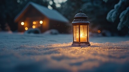 Charming lantern glowing softly against a snowy backdrop, perfect for enhancing Christmas decor and winter festivities