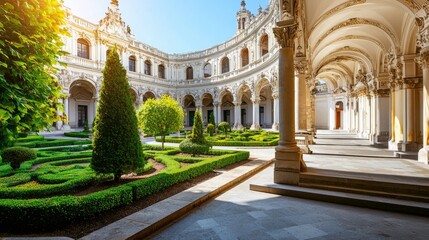 Fototapeta premium A picturesque courtyard featuring lush greenery, elegant arches, and a sunny, serene atmosphere.