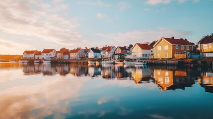 Obraz premium Serene Coastal Village at Sunrise Reflected in Calm Waters with Colorful Houses and Boats Amidst a Beautiful Sky Overlooking Tranquil Harbor