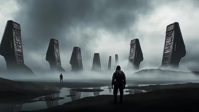Massive monolithic structures emerge from misty waters under stormy skies. Lone figure silhouetted against towering ancient-tech monuments. 