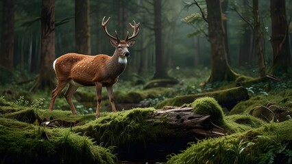 Fototapeta premium A deer and a bird standing on a moss covered log. Can be used to depict the beauty of nature and wildlife Generative AI