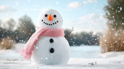 Obraz premium Charming snowman with a pink scarf stands in winter scenery, surrounded by falling snowflakes, perfect for holiday and seasonal themes, celebrating winter joy and fun.