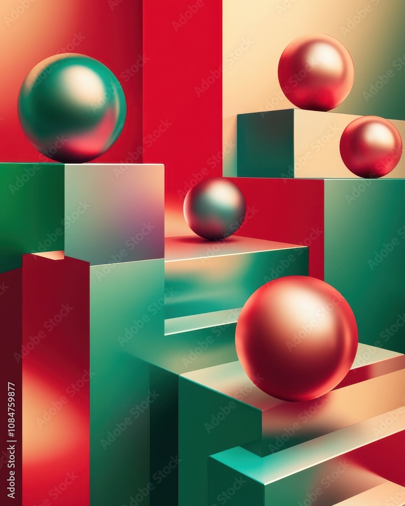 Poster generative ai illustration of colorful geometric shapes of smooth and shiny spheres on steps of squa