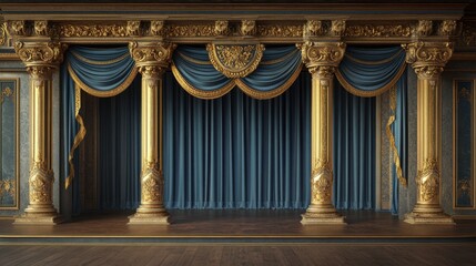 Obraz premium Elegant Theater Stage with Ornate Columns and Rich Blue Drapes, Perfect for Performances, Events, and Cultural Productions in a Luxurious Setting