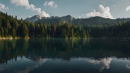 Mountain lake in the forest panorama Generative AI