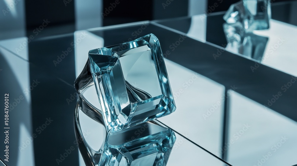 Poster captivating clear glass cube reflecting light on polished surface with geometric patterns and shadow