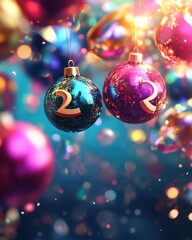 Fototapeta premium Joyful Happy New Year 2025 event with colorful decorations, sparkling lights, and happy faces as everyone welcomes 2025.
