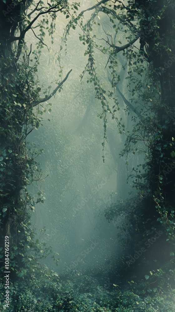 Aufkleber sunbeams filtering through fog in a mysterious forest
