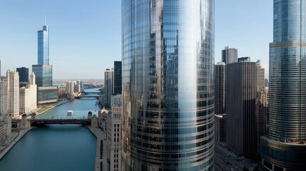 Naklejka premium Stunning Aerial View of Chicago Skyline Featuring Reflective Skyscrapers Against Clear Blue Sky and Serene River, Capturing Urban Charm and Architecture