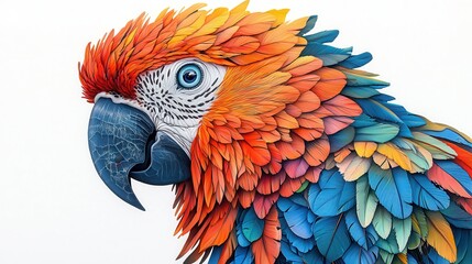 Obraz premium Vibrant illustration of a parrot with intricate feather details and a curved beak, set against a crisp white backdrop.