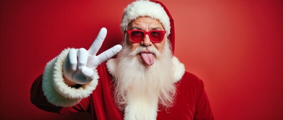 Cheerful Santa Claus wearing sunglasses and making a peace sign against a vivid red backdrop. Capturing the festive spirit and playfulness of Christmas with a modern twist.


