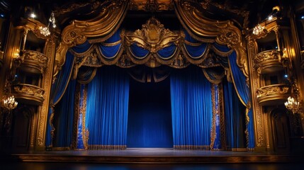 Fototapeta premium Luxurious Theater Stage with Rich Gold Accents, Deep Blue Curtains, Elegant Chandelier Lighting, and Ornate Decorative Details, Perfect for Performing Arts and Cultural Events