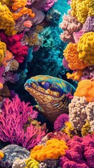 Moray eel hiding amidst vibrant coral reefs. Generative AI image