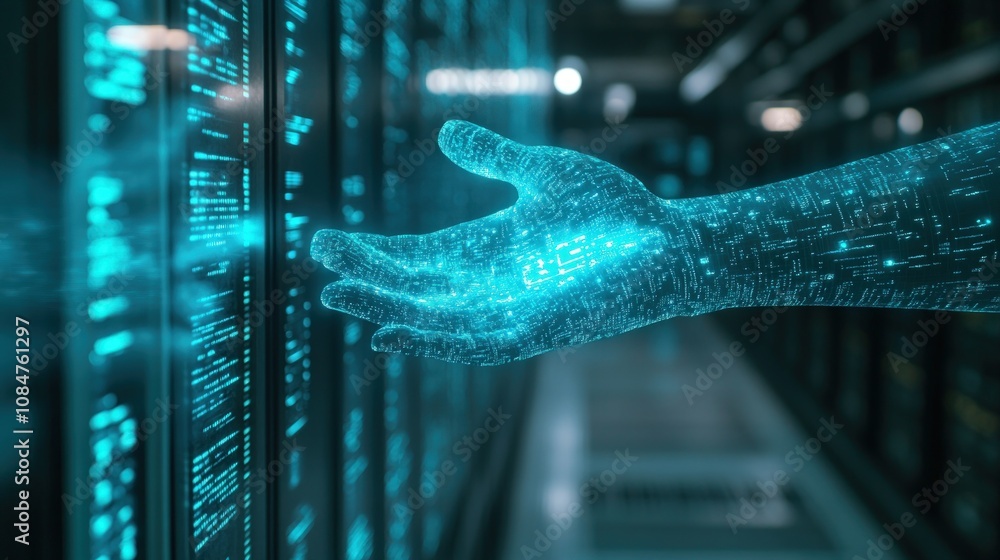 Poster digital hand interacting with data server.