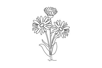 Continuous one line drawing beauty fresh marigold for home wall decoration poster art. Printable decorative calendula flower concept for park icon. Single line draw design vector graphic illustration