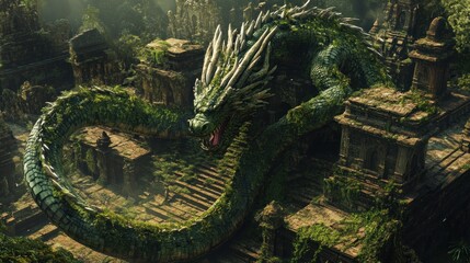Fototapeta premium Here's a and keyword list suitable for stock photo submission, keeping it under 100 characters for the description.. Mossy dragon guarding ancient ruins.