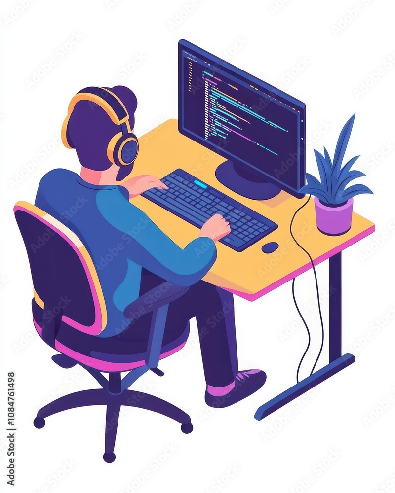 Poster at desk a serene software specialist is listening to songs while working on a digital device. techno