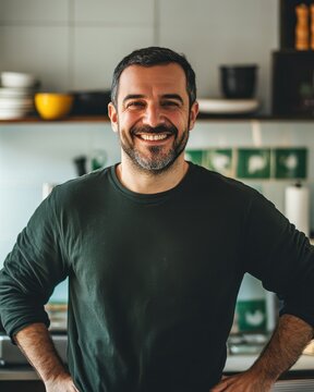 Portrait of a smiling man 41 years old in the kitchen