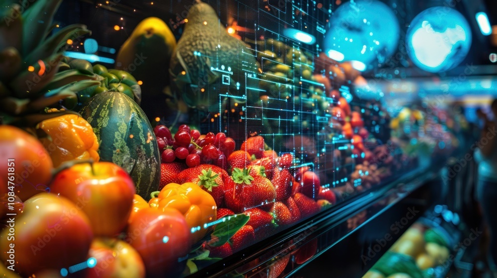 Aufkleber fresh produce displayed in a grocery store with a digital overlay of data and information.