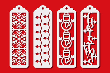 Winter holidays vertical bookmark designs with snowflakes, garland, snowman and word Christmas. Decorative bookmark stencil for paper, wood and metal cutting. Vector silhouette. Laser cut template