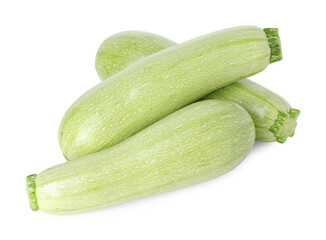 Many fresh ripe zucchinis isolated on white, above view
