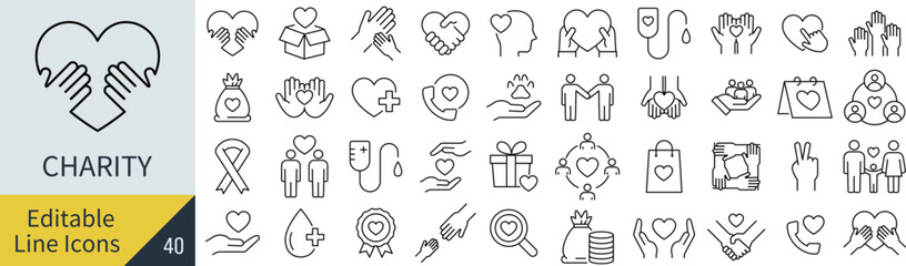 線の編集ができるチャリティに関するアイコンセット（アウトライン化していない）