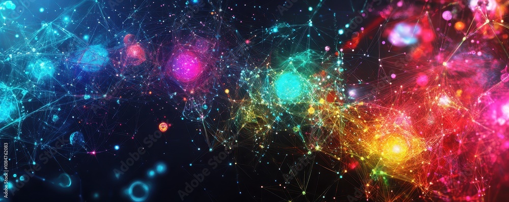 Poster generative ai abstract illustration of geometric shapes and structures in colorful neon colors and l