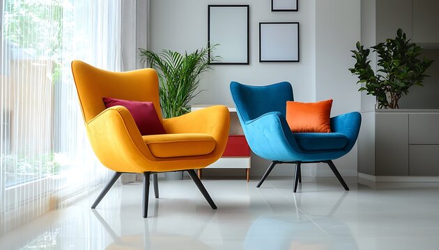 Minimalist interior design of a modern living room showcasing vibrant multicolored armchairs