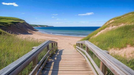 Obraz premium Scenic Coastal Boardwalk Leading to Serene Beach with Clear Blue Sky, Rolling Green Hills, and Gentle Waves on a Tranquil Summer Day