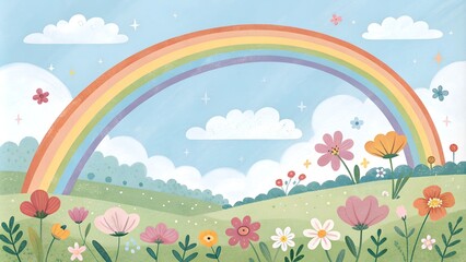 spring landscape with rainbow