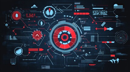 Obraz premium Abstract digital technology background with data visualization elements such as graphs, icons, and charts in shades of red and blue on a dark backdrop for futuristic applications
