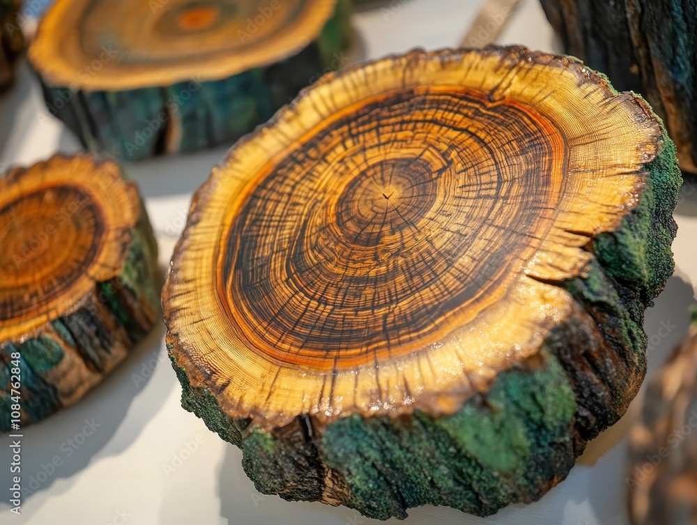 Poster a close-up of cut tree cross-sections showing intricate growth rings and textures with hints of gree