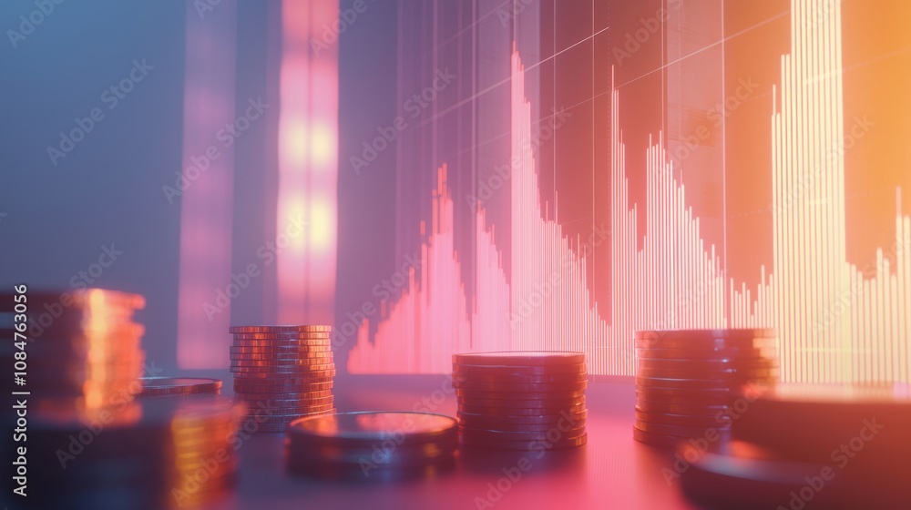 Poster analyzing financial trends using graphs and coins business environment digital visualization modern 