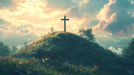 Obraz premium Religious cross atop hill outdoors nature symbol.