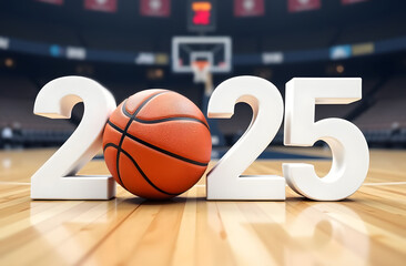 Numbers 2025 with a basketball ball standing on a basketball court