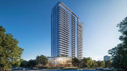 Modern Skyscraper Design with Glass Facade Surrounded by Greenery in Urban Setting, Showcasing Contemporary Architecture and Residential Lifestyle