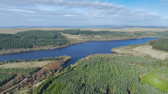 Usk Reservoir from a drone at autumn, Black Mountain, Brecon Beacons National Park, Carmarthenshire, Wales, England	